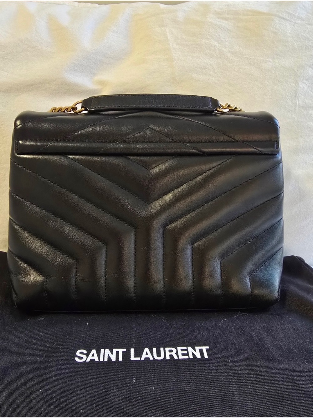 Saint Laurent Black Chevron Quilted Top-Handle Shoulder Bag with Gold Chain